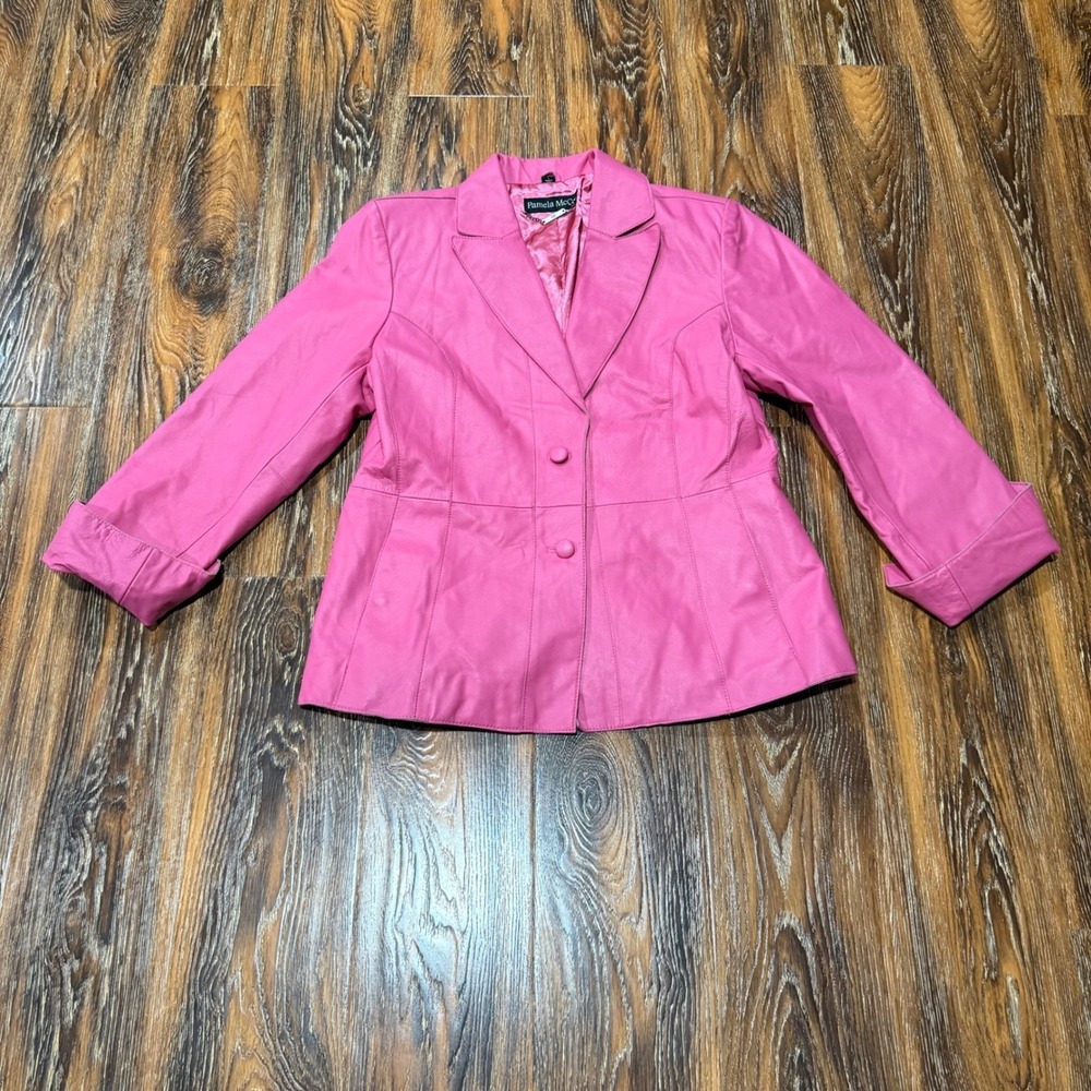 Pamela McCoy Hot Pink Genuine Leather Blazer Jacket Womens Size L Two Button